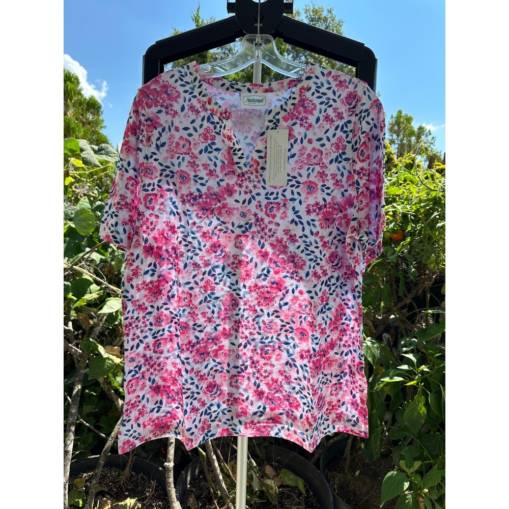 National Women Pink Blue Floral Print Split V-Neck Short Sleeve Knit Top Large